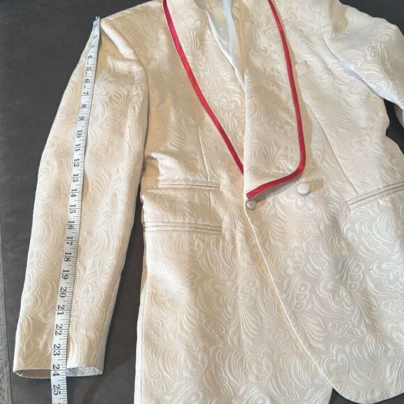 Men’s Floral Cream 2 Piece Tuxedo Suit Shawl Lapel Red Trim 34 Jacket 31 Pants - Picture 6 of 12